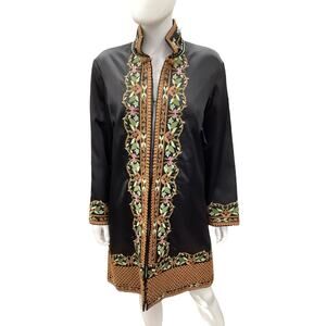 Duster/ Coat Women’s Size M/L 65% Silk Embroidery Pockets Leaf Motif Black